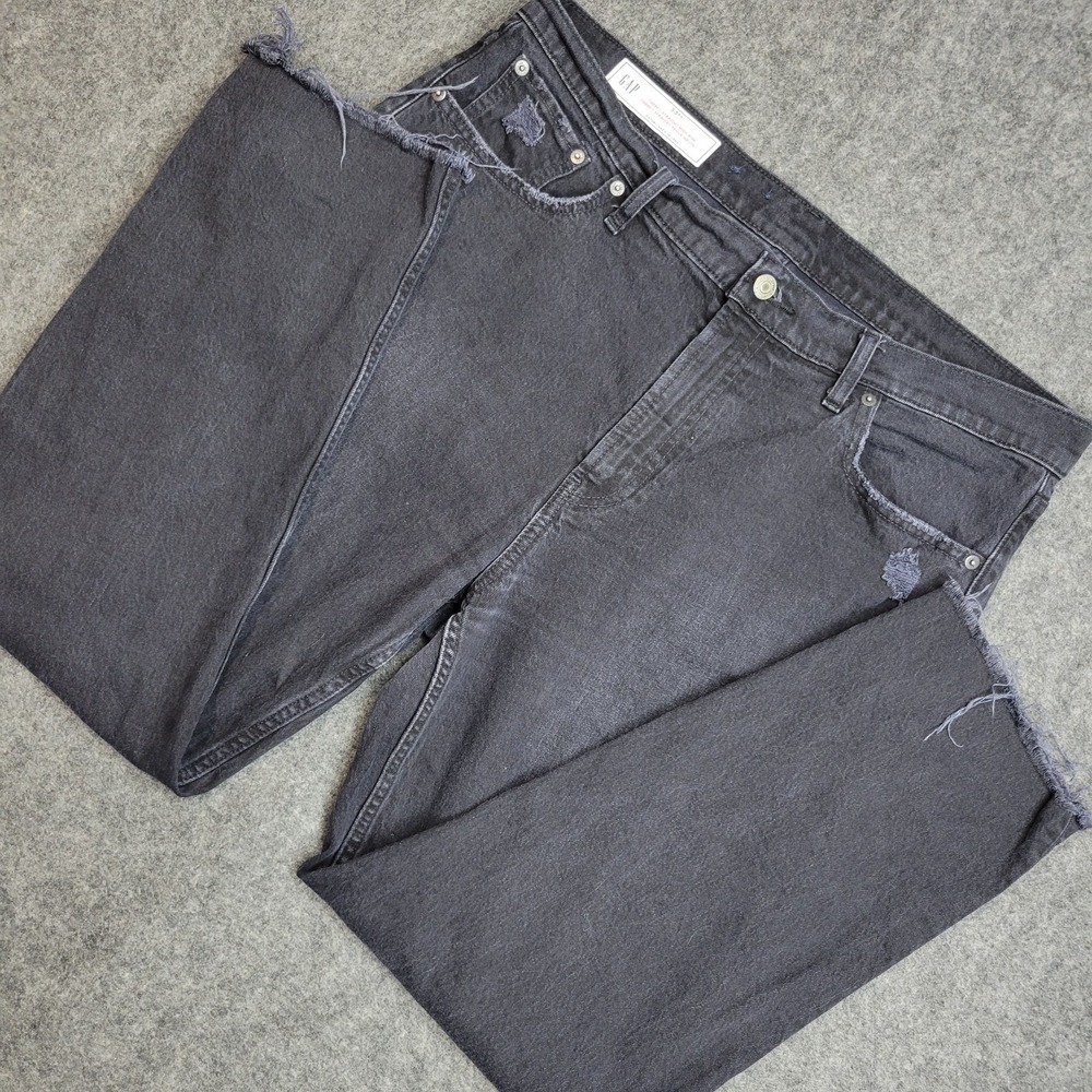 GAP‎ Jeans Womens 33 Black Denim Distressed High Rise Americana Cheeky Straight